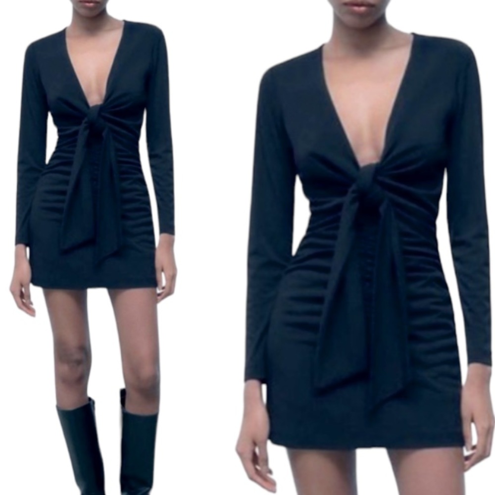 ZARA black long sleeve plunge convertible tie waist mini dress size XS